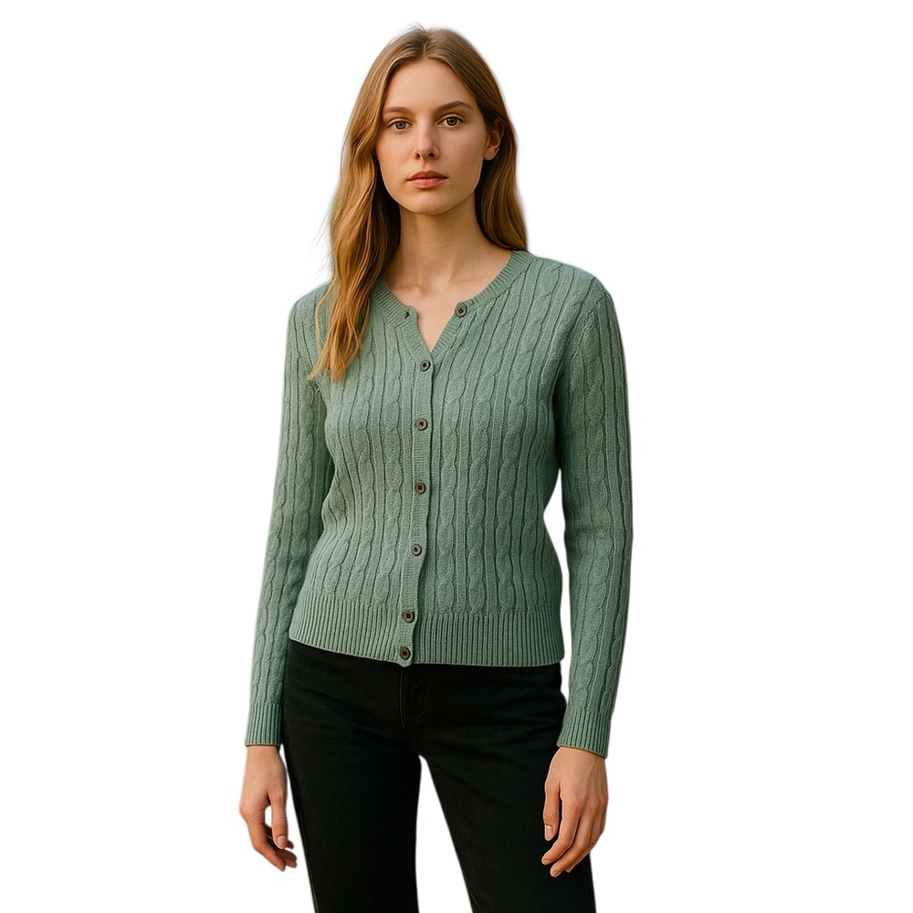 Eddie Bauer Vintage Green Cable Knit Sweater Cardigan Large
